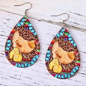 Chicken & Baby Earrings Faux Leather Stainless Steel Hooks Silicone Backs